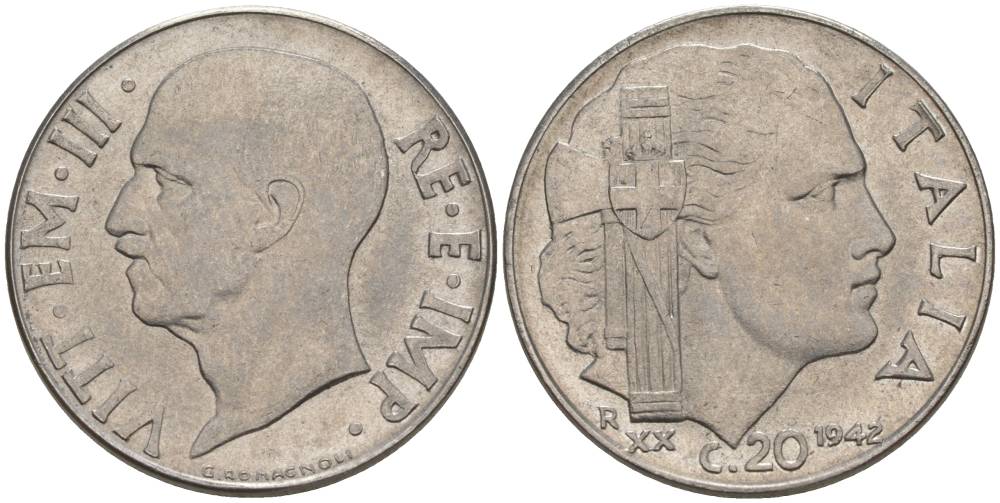 ИТАЛИЯ 20 ЧЕНТЕЗИМО 1942 R, ГОД XX, ВИКТОР ЭММАНУИЛ III (1900-1946), МАГНИТНАЯ, ГУРТ РИФЛЁНЫЙ KM 75b, VEM3. 1029 нержавеющая сталь 3853-445