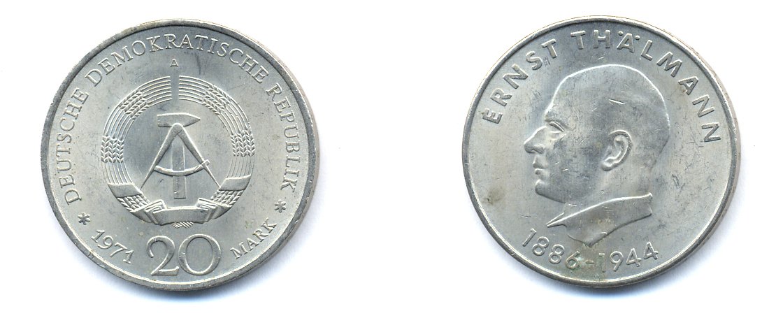 ГДР 20 марок 1971 A, 85 лет со дня рождения Эрнста Тельмана KM 34, J. 1535 медно-никель 3333-512