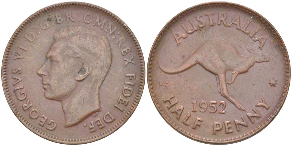 АВСТРАЛИЯ 1/2 ПЕННИ 1952 p, ГЕОРГ VI (1936-1952), КЕНГУРУ KM 42 бронза 4514-834