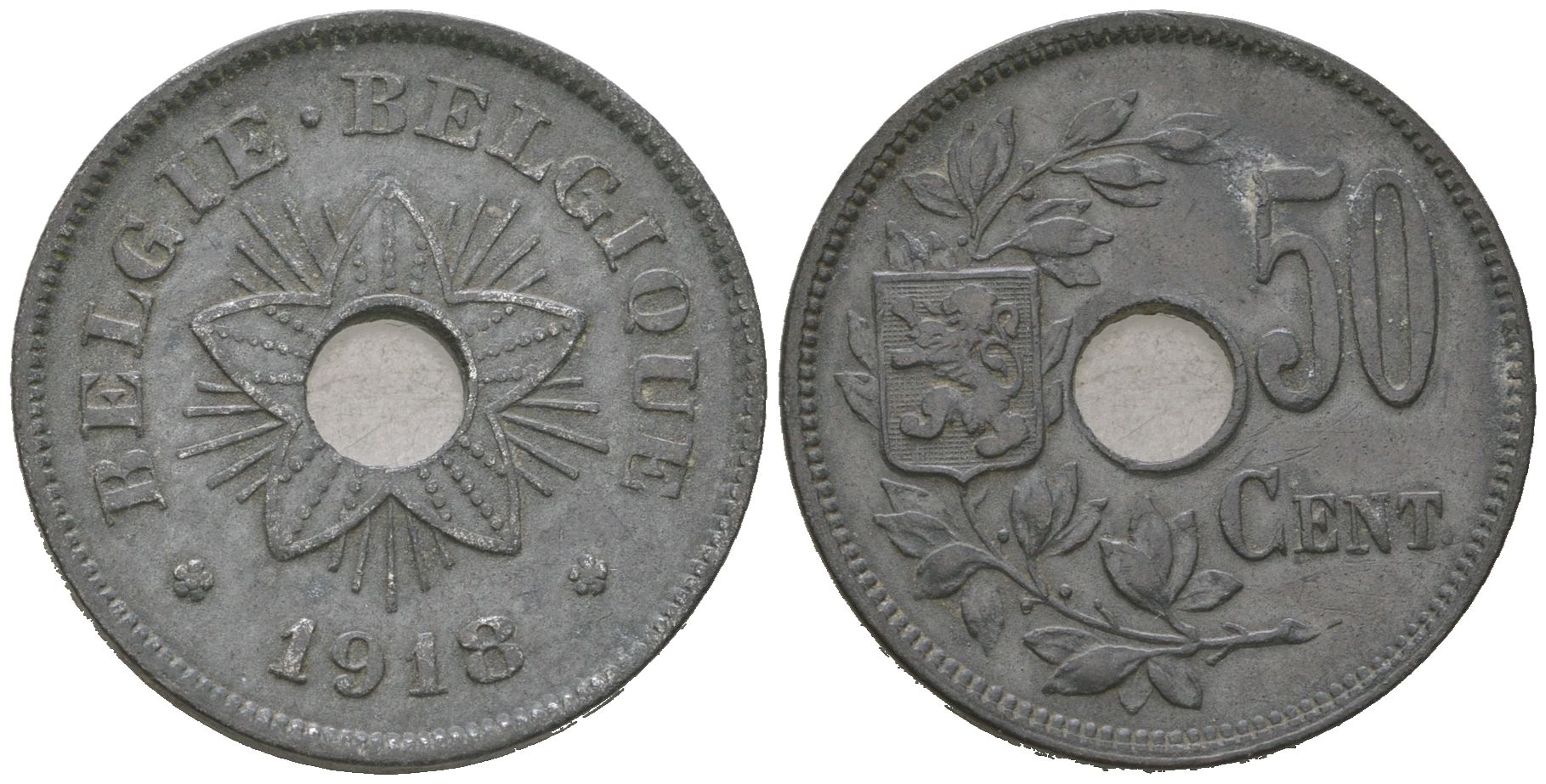 Бельгия 50 сантимов 1918 Альберт I (1909-1934) KM 83 цинк 4619-1052