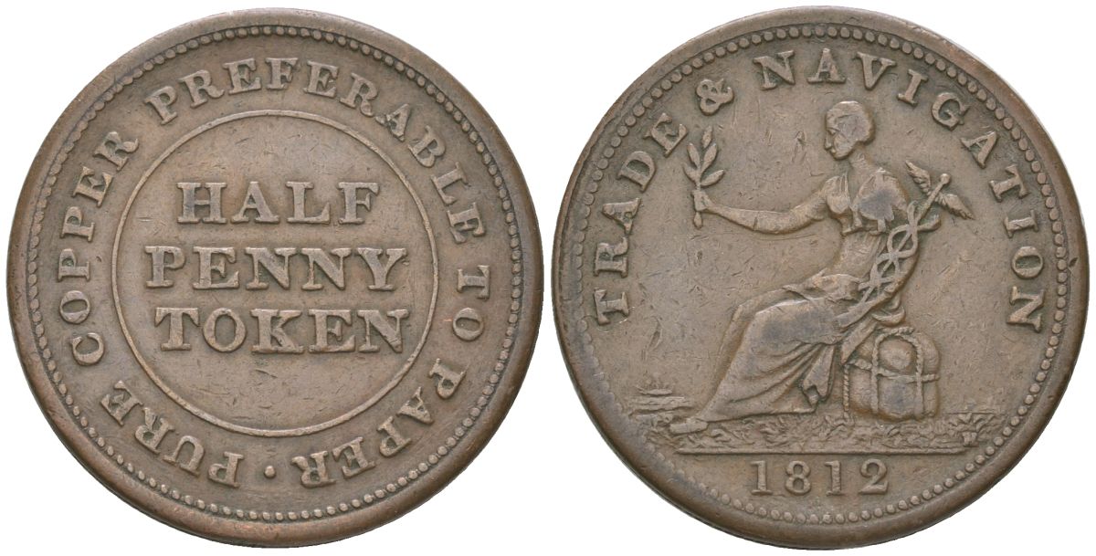 Канада, Новая Шотландия 1/2 пенни 1812 жетон торговли и навигации, рубчатый гурт CCT NS-19A1 медь 1523-341