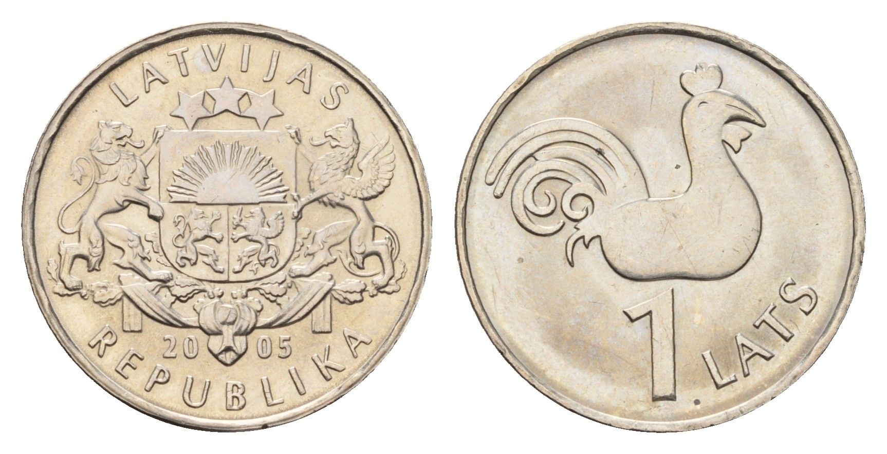 Латвия 1 лат 2005 Петух церкви Святого Петра KM 65 медно-никель UNC 4679-326
