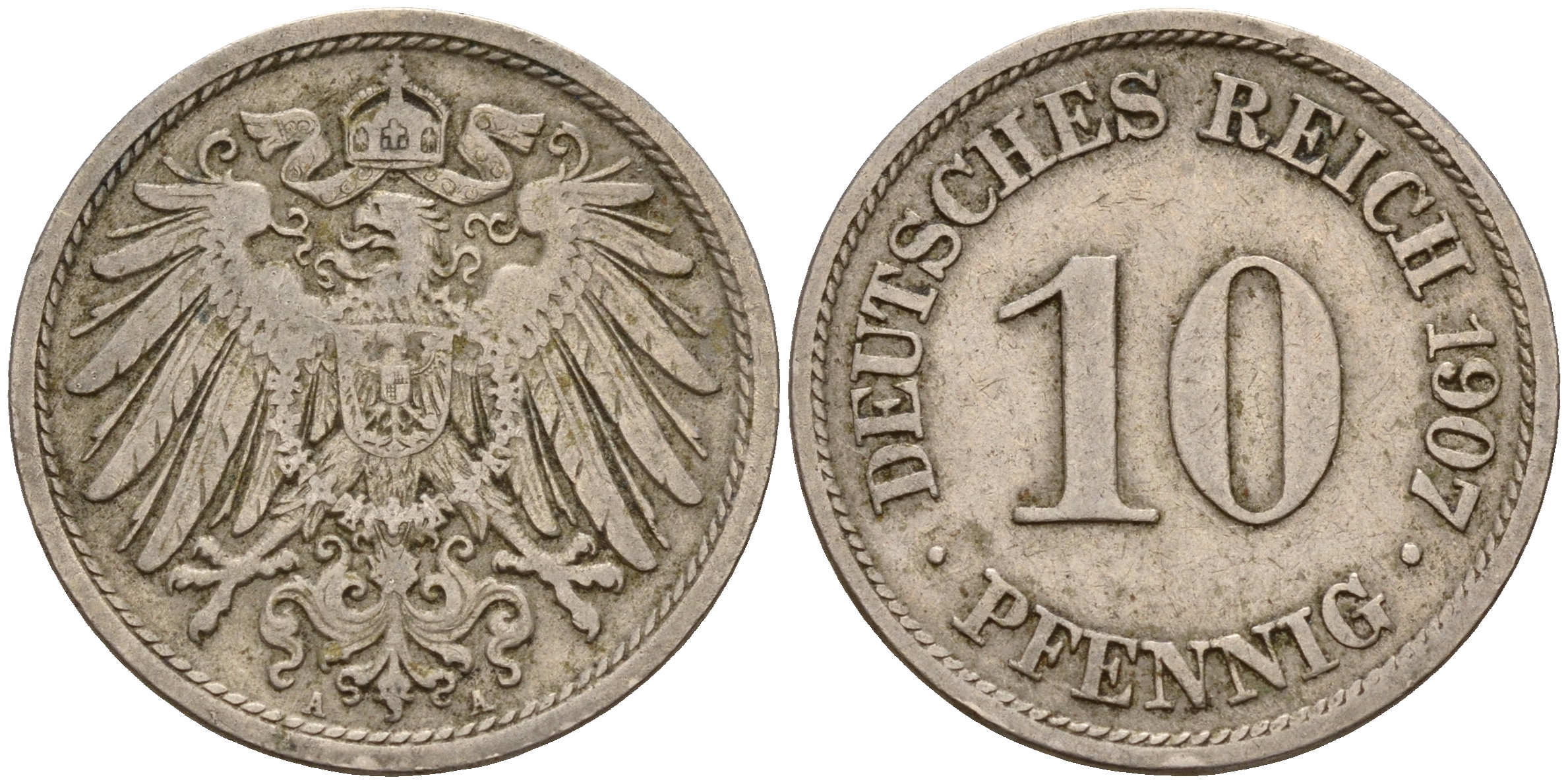 Германия 10 пфеннигов 1907 A J. 13,  KM 12 медно-никель    4603-657
