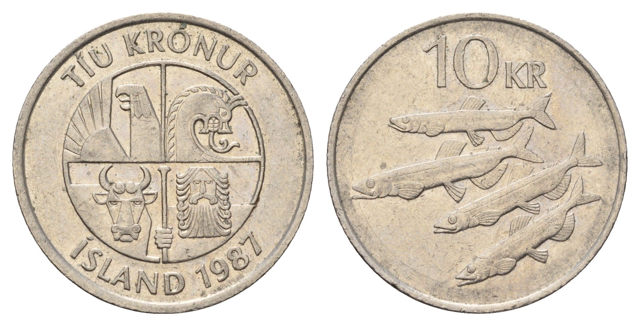 Исландия 10 крон 1987 рыбы KM 29.1 медно-никель 4691-232
