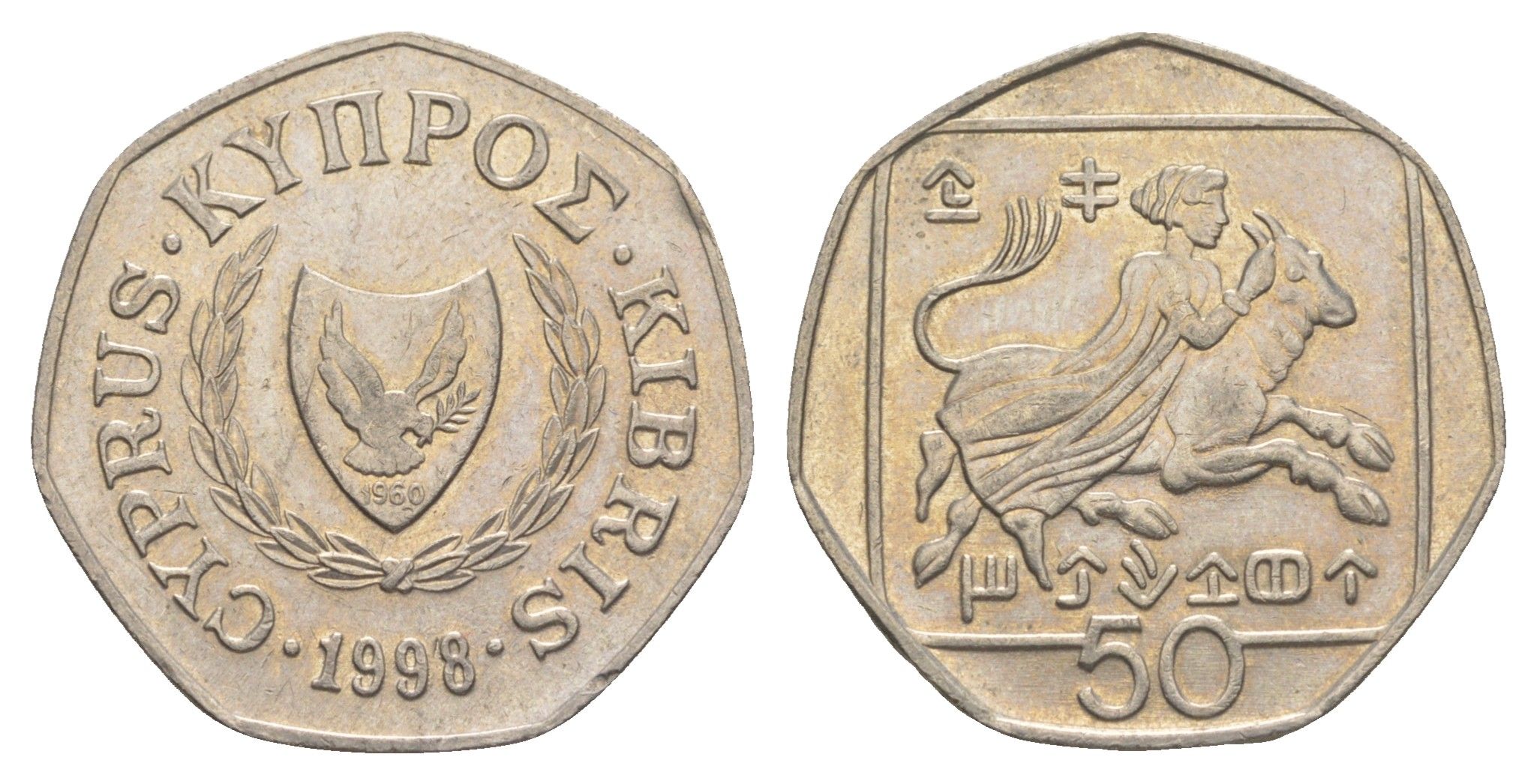 Кипр 50 центов 1998 похищение Европы KM 66 медно-никель 4650-1234