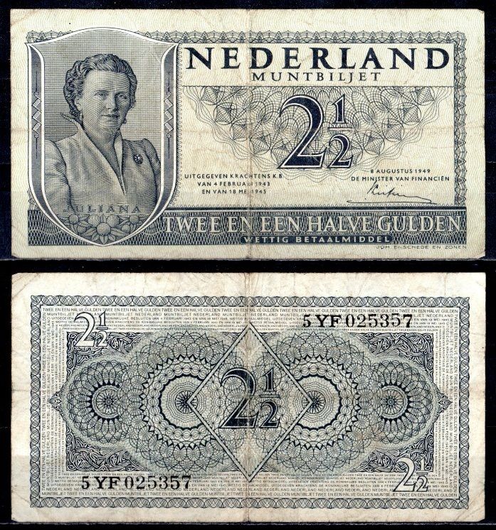 Нидерланды 2 1/2 гульдена 1945 Pick 73 бумага 7457-14-3-2