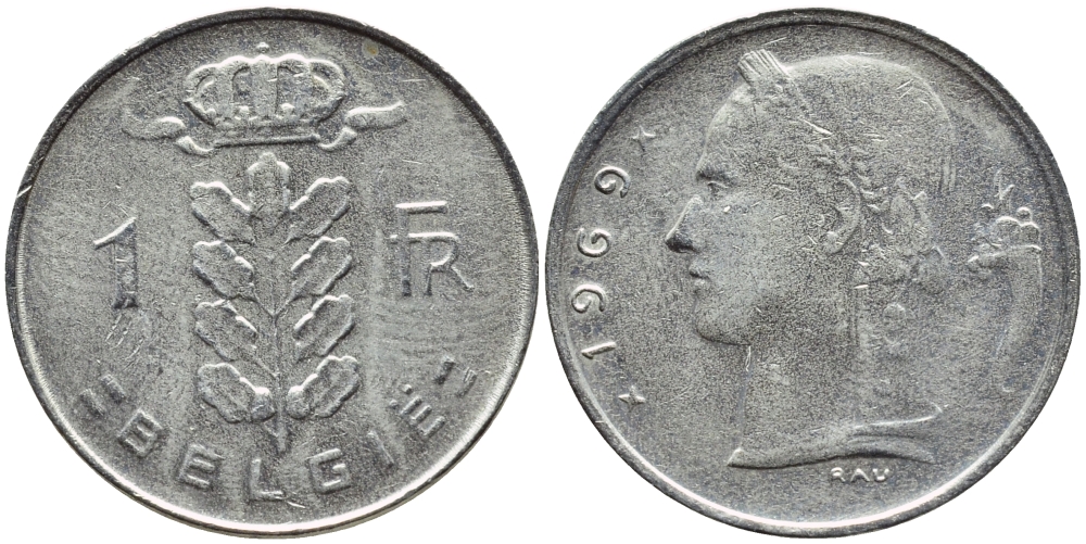 БЕЛЬГИЯ 1 ФРАНК 1969 BELGIE KM 143.1 медно-никель 4388-1212