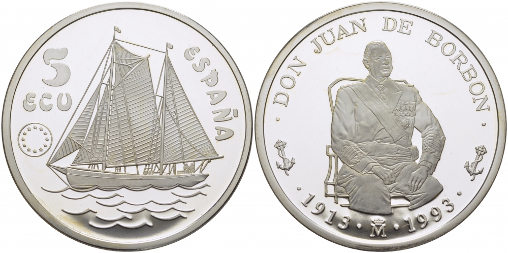 Испания 5 экю 1993 Хуан Карлос I (1913-1993), парусник серебро PROOF 11-165-35