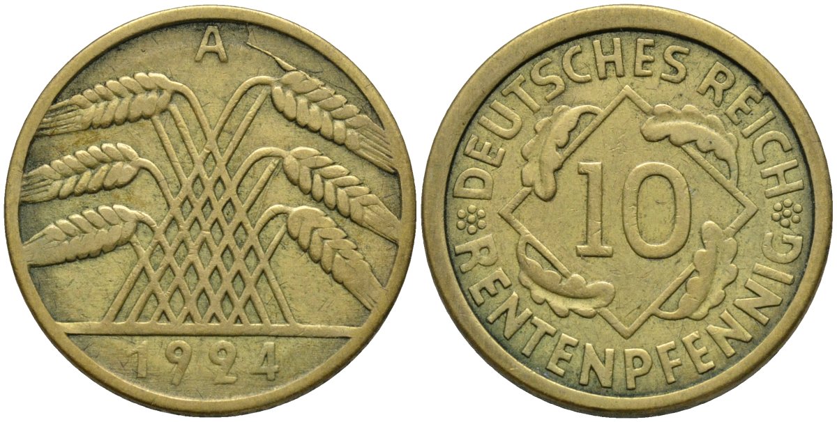 Германия 10 рентенпфеннигов 1924 A KM 33 алюминиевая бронза 4163-753