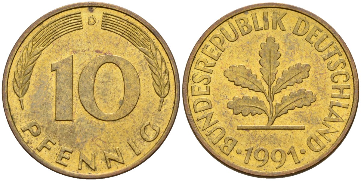 ФРГ 10 пфеннигов 1991 D KM 108, J. 383 сталь плакированная латунью 4175-733