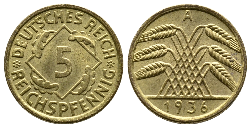 ГЕРМАНИЯ 5 РЕЙХСПФЕННИГОВ 1936 A, KM 39, J. 316 алюминиевая бронза 4380-1029
