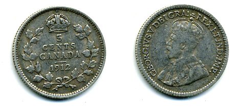 КАНАДА 5 ЦЕНТОВ 1912 ГЕОРГ V серебро 46-535