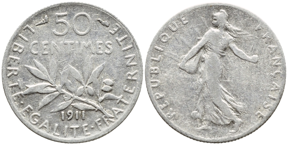 ФРАНЦИЯ 50 САНТИМОВ 1911 ТИП СЕЯТЕЛЬ KM 854, LE FRANC 190.18 серебро F 4178-318