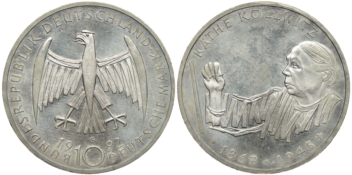 ФРГ 10 марок 1992 G, 125 лет со дня рождения Кете Кольвиц KM 178 серебро 413-4332