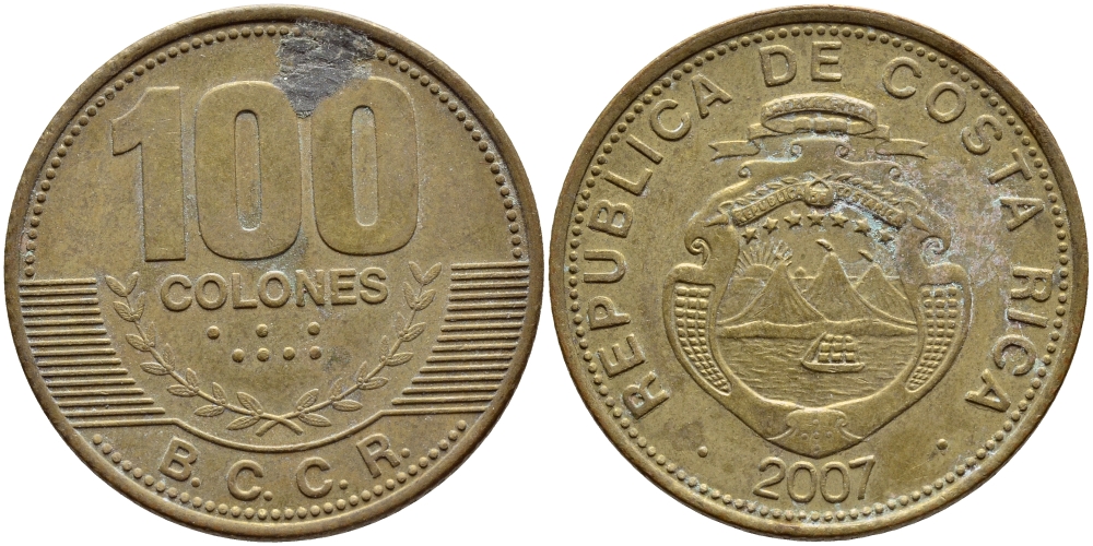 КОСТА-РИКА 100 КОЛОН 2007 B.C.C.R. KM 240а сталь плакированная латунью 59-536