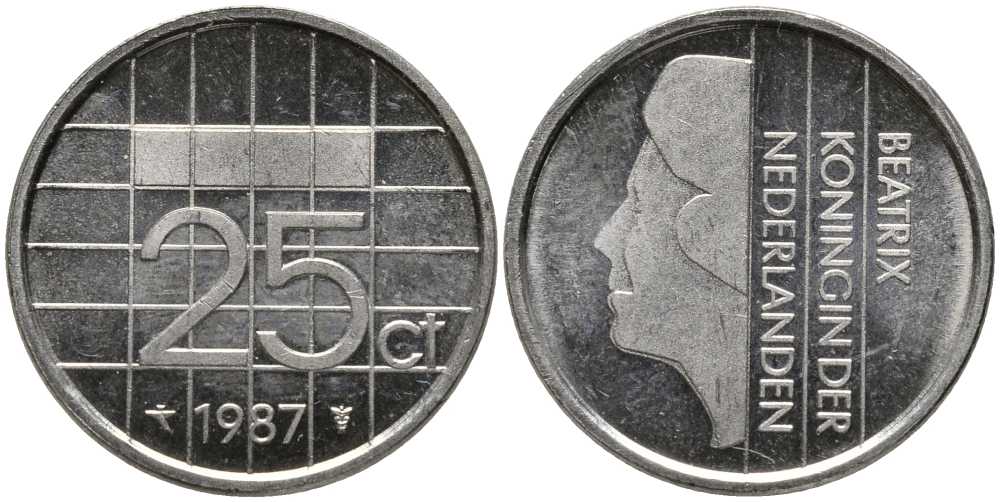 НИДЕРЛАНДЫ 25 ЦЕНТОВ 1987 БЕАТРИКС KM 204 никель 112-748