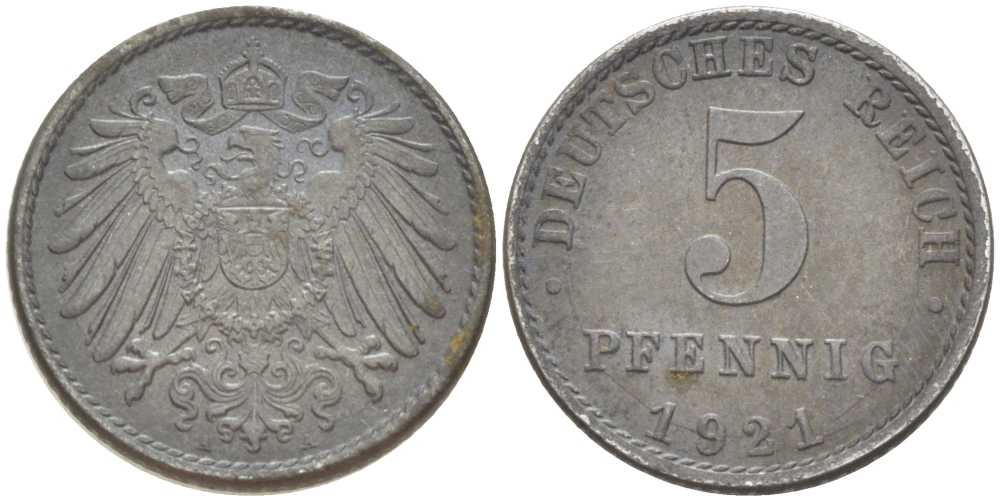 Германия 5 пфеннигов 1921 A KM 19, J. 297, Weege 5 железо 206-737
