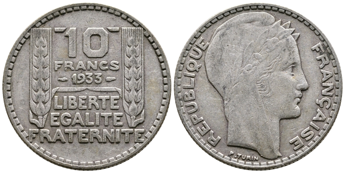 Франция 10 франков 1933 Пьер Тюрен KM 878, Le Franc 360.6 серебро 63-752