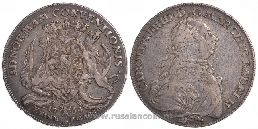 Баден 1 талер 1764 S W, Карл Фридрих KM 108, Dav. 1933 серебро 00-814-48