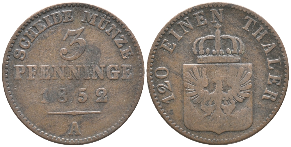 ПРУССИЯ 3 ПФЕННИГА 1852 А, ФРИДРИХ ВИЛЬГЕЛЬМ IV (1840-1861) KM 453 медь 73-1356