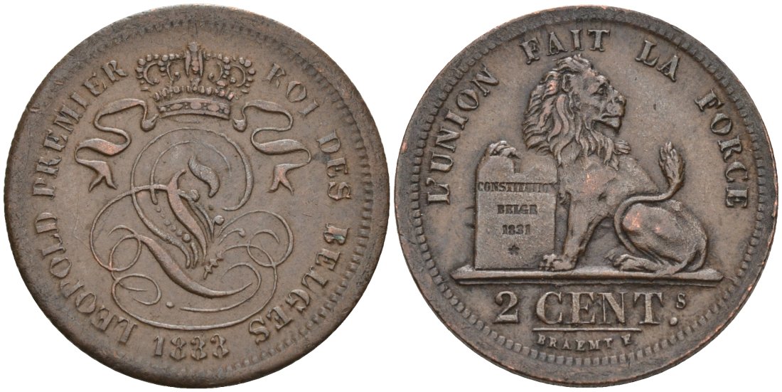 Бельгия 2 сантима 1833 Belges KM 4.1 медь 443-1513