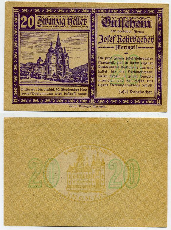 АВСТРИЯ 20 ГЕЛЛЕРОВ 1920 НОТГЕЛЬД бумага UNC 444-138-3-2