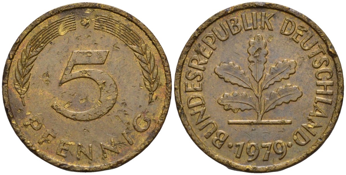 ФРГ 5 пфеннигов 1979 D KM 107, J.382 сталь плакированная латунью 4115-967