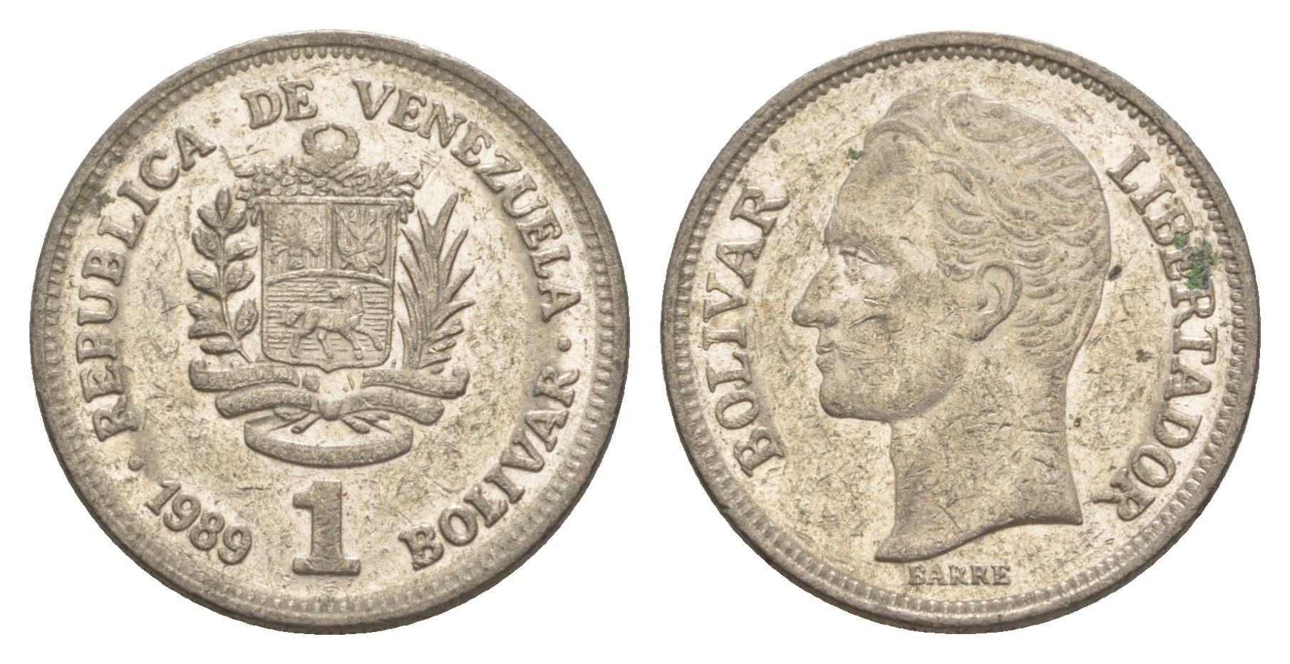 Венесуэла 1 боливар 1989 Симон Боливар, тонкий шрифт Y 52a.1 сталь плакированная никелем 4591-347