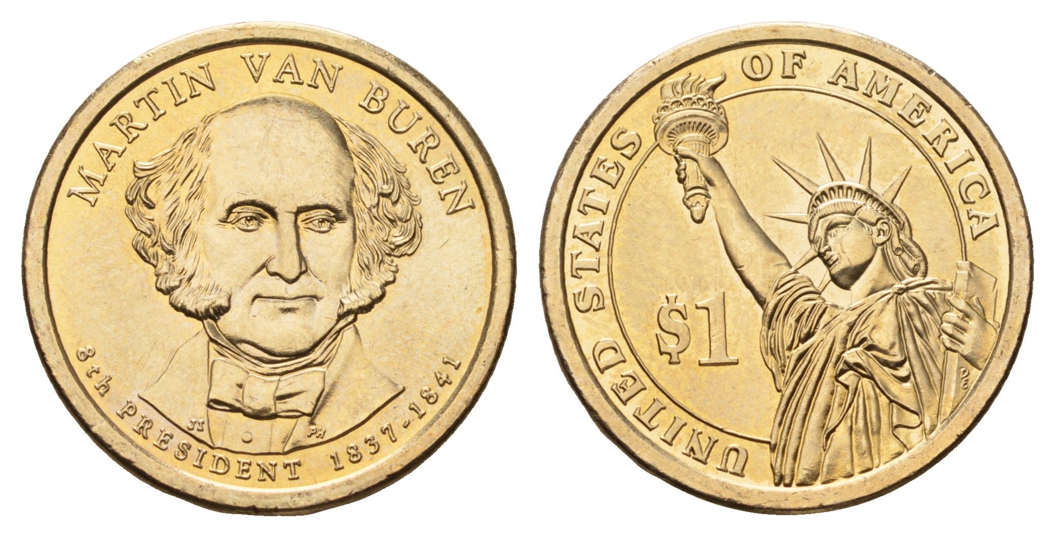 США 1 доллар 2008 P, Президент США - Мартин Ван Бюрен (1837-1841) KM 429 медь с марганцево-латунным покрытием UNC 4624-217