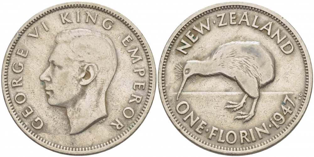 Новая Зеландия 1 флорин 1947 Георг VI (1937-1952), птичка киви KM 10.2а медно-никель 3457-131