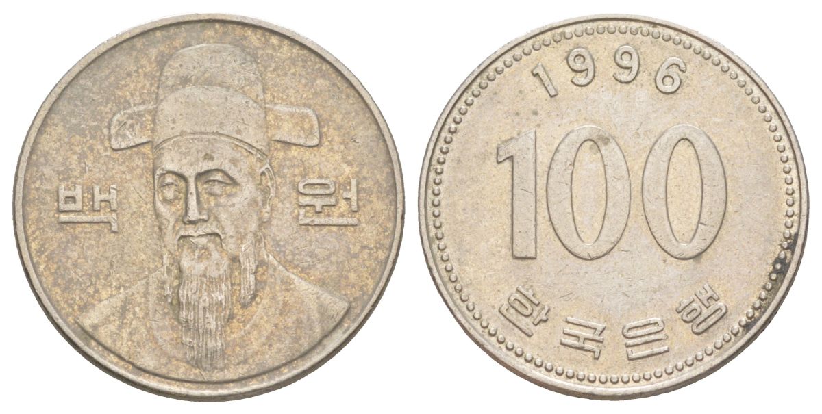 Южная Корея 100 вон 1996 Ли-Сунсин, корейский флотоводец KM 35 медно-никель 4629-736