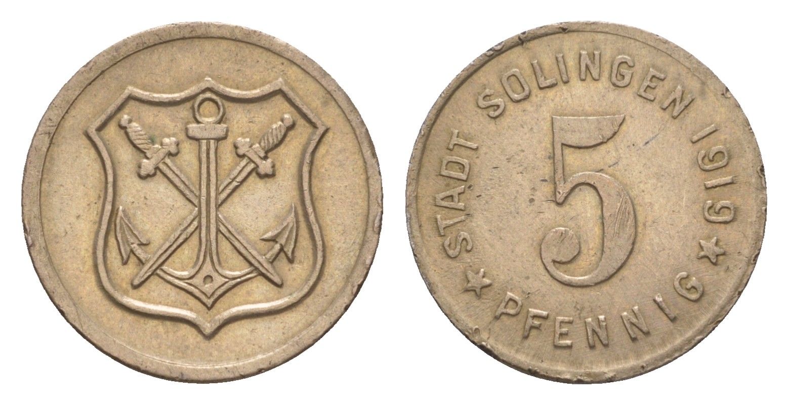 Золинген 5 пфеннигов 1919 Funck 508.3, Men05 23636.4, Men18 29571.4 железо 4659-239