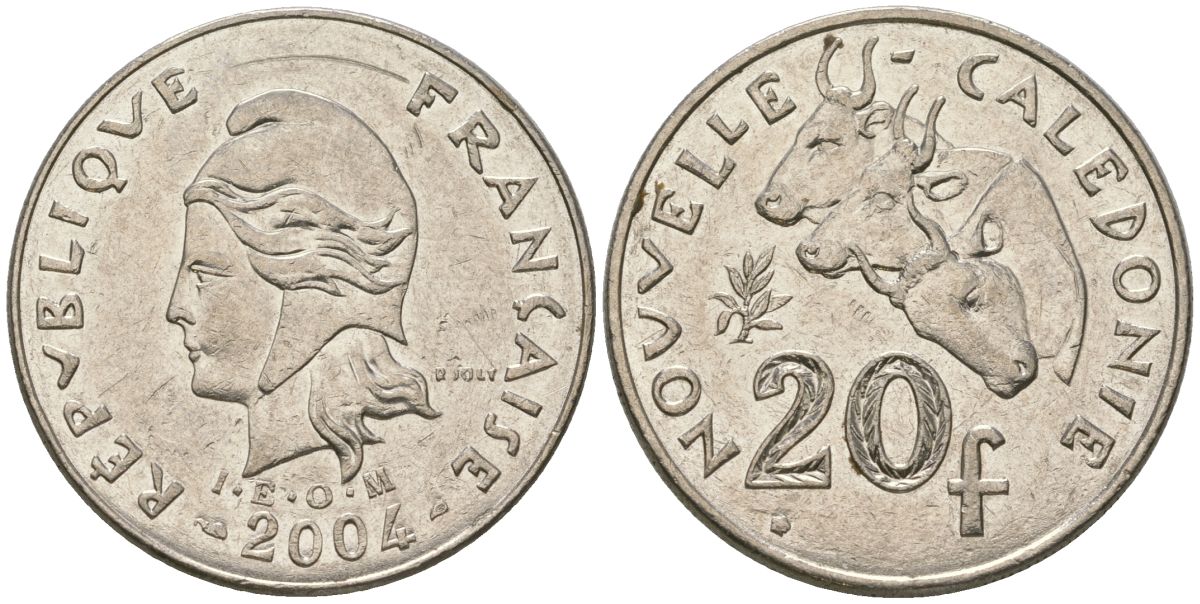Французская Новая Каледония 20 франков 2004 три быка, (IEOM) KM 12, Schoen 14, Lec 15h никель 4131-724