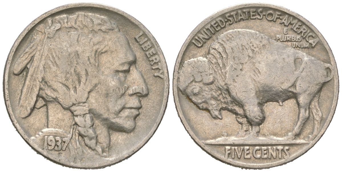 США 5 центов 1937 индеец, бизон KM 134 медно-никель 4602-227