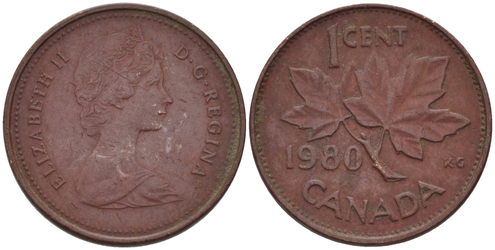 Канада 1 цент 1980 Елизавета II (1952-2022), кленовый лист KM 127 бронза 75-1114