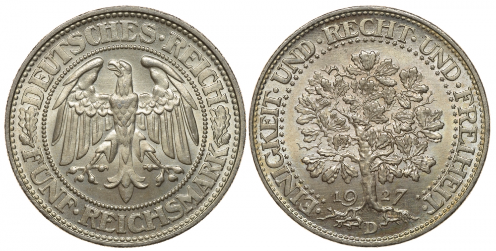 Германия 5 марок 1927 D - Дуб. Единство, справедливость, свобода, цена по каталогу МТ 600 евро J. 331, KM 56 серебро UNC 00-804-08