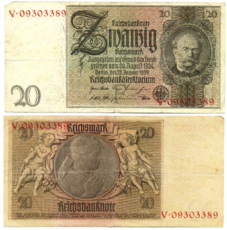 Германия 20 рейхсмарок 1929 Вернер фон Сименс, буква F, серия V Pick 181 a, Ros. 174 a  бумага   7203-5-3-2