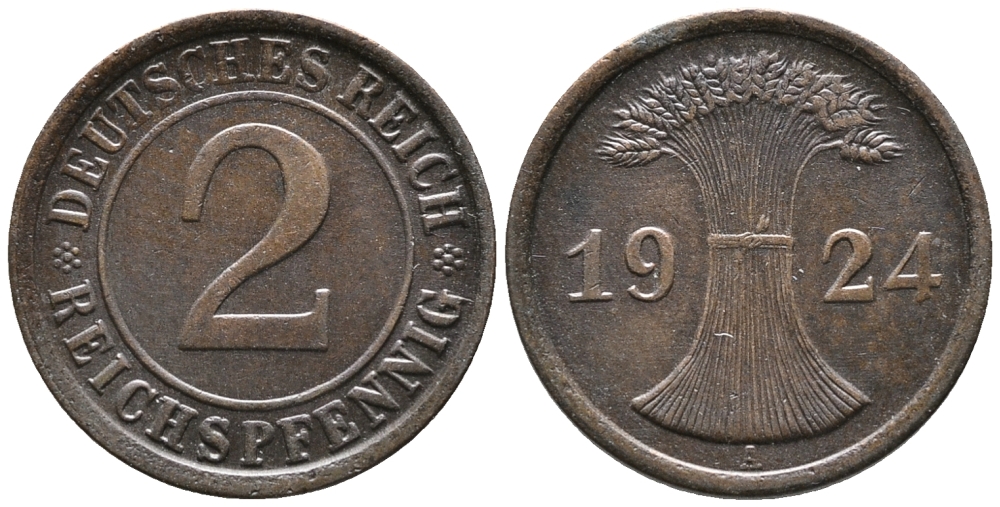ГЕРМАНИЯ 2 РЕЙХСПФЕННИГА 1924 A KM 38, J. 314 бронза 24-716
