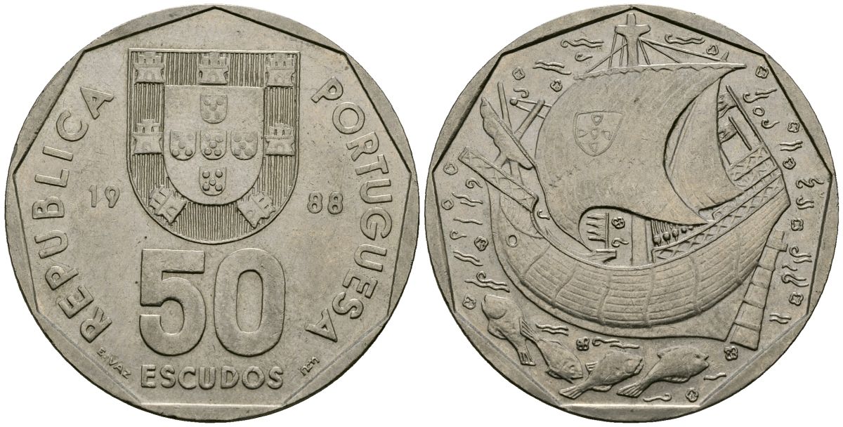 Португалия 50 эскудо 1988 парусник KM 636 медно-никель 4111-1046