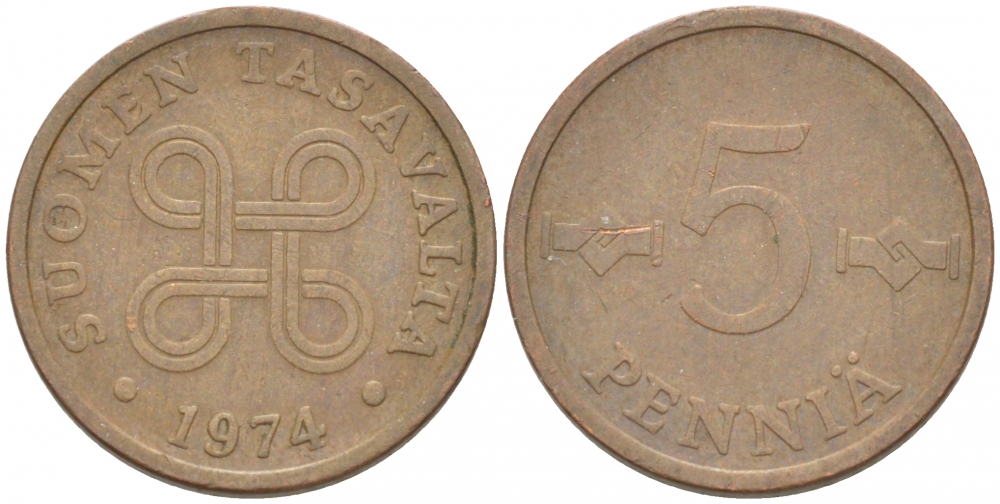 ФИНЛЯНДИЯ 5 ПЕННИ 1974 KM 45 медь 3718-122