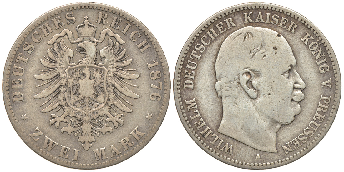 Пруссия 2 марки 1876 A, Вильгельм I (1861-1888) Weege 96, J. 96, KM 506 серебро 413-5534
