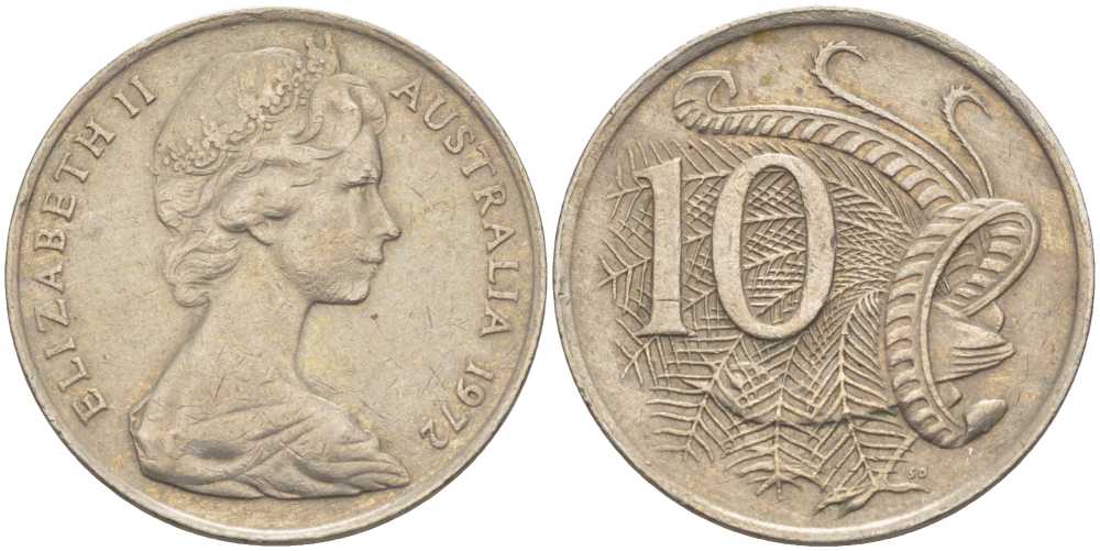 Австралия 10 центов 1972 Елизавета II (1952-), птица лирахвост KM 65 медно-никель 4382-931
