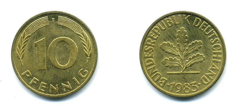 ФРГ 10 ПФЕННИГОВ 1983 F KM 108, J.383 сталь плакированная латунью 46-1417