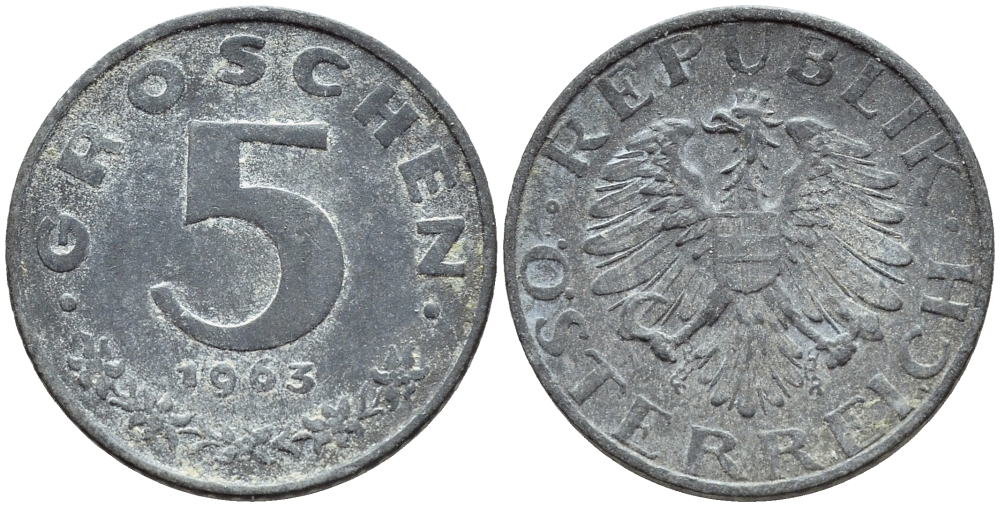 АВСТРИЯ 5 ГРОШЕЙ 1963 KM 2875 цинк 46-968