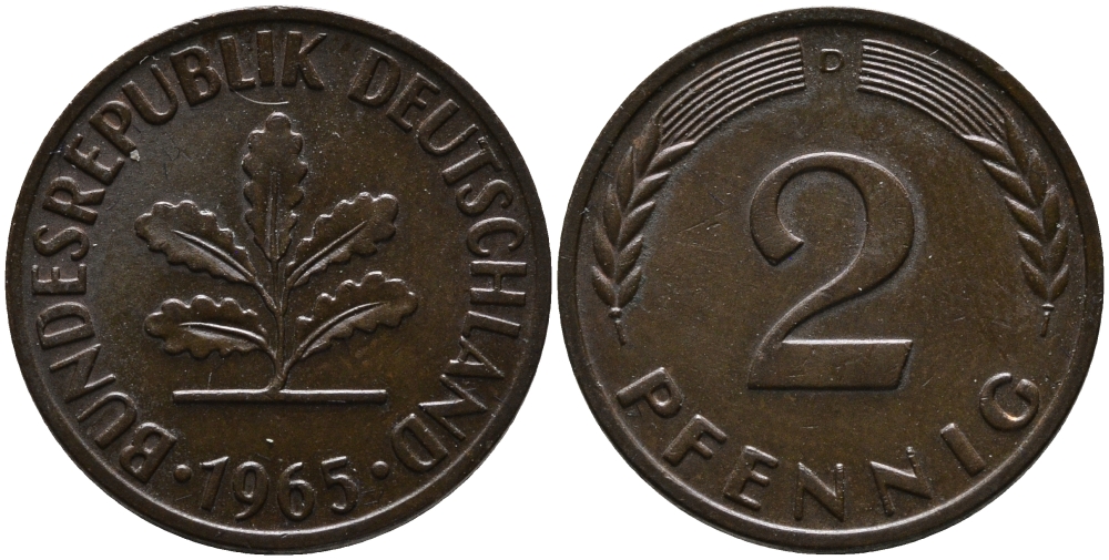 ФРГ 2 пфеннига 1965 D KM 106, J.381 бронза 99-143