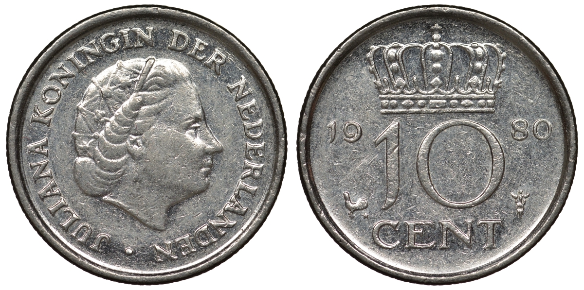 Нидерланды 10 центов 1980 Юлиана (1949-1980) KM 182 никель 71-344
