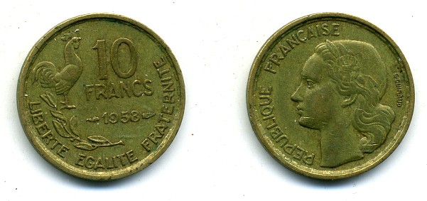 ФРАНЦИЯ 10 ФРАНКОВ 1958 KM 915.1 алюминиевая бронза 84-253