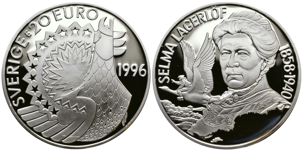 Швеция 20 евро 1996 Карл XVI Густав (1973- ), шведская писательница Сельма Лагерлеф (1858-1940) серебро PROOF 11-177-21