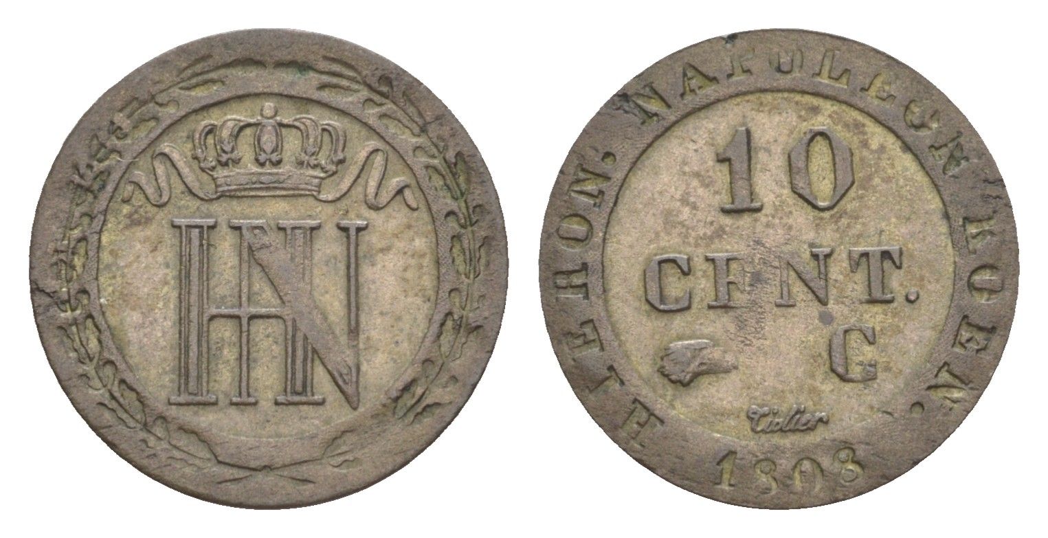 Вестфалия 10 сантимов 1808 C, Жером Бонапарт (1807-1813), из коллекции Ричарда Б. Смита Smith 299, KM 96, ASK 38 серебро 1525-1124