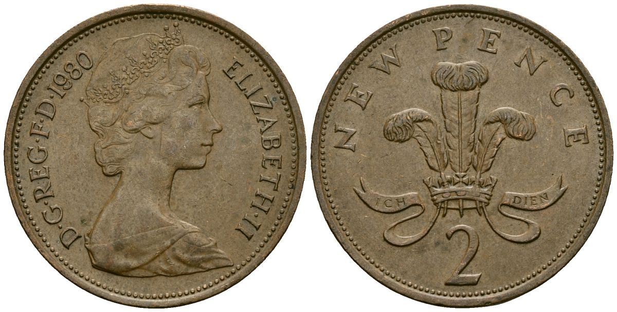 Великобритания 2 пенса 1980 Елизавета II (1952-2022) KM 916, Spink 4235 (C1) бронза 4138-753